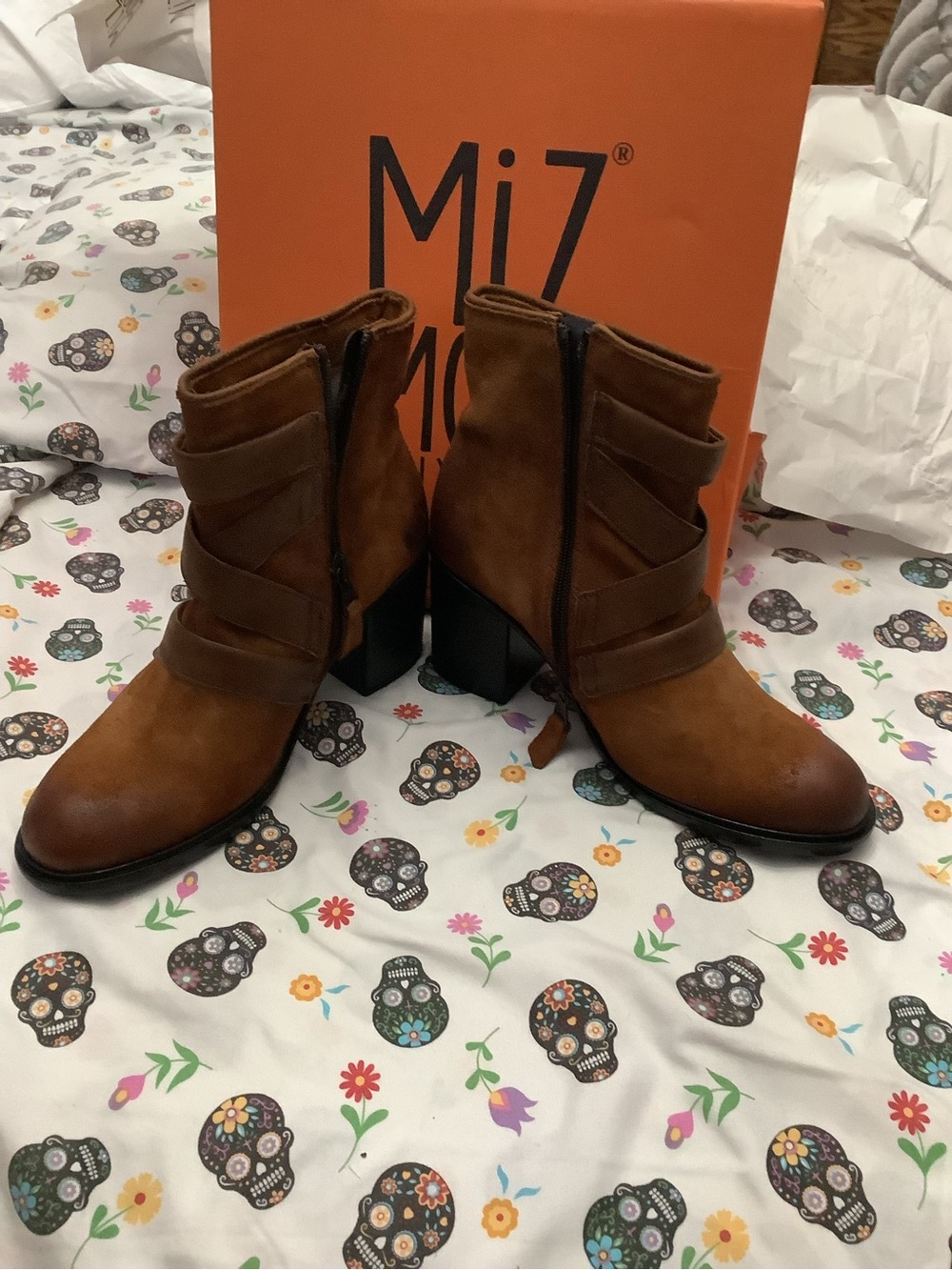 Miz Mooz Cognac Suede Strap Ankle Boots